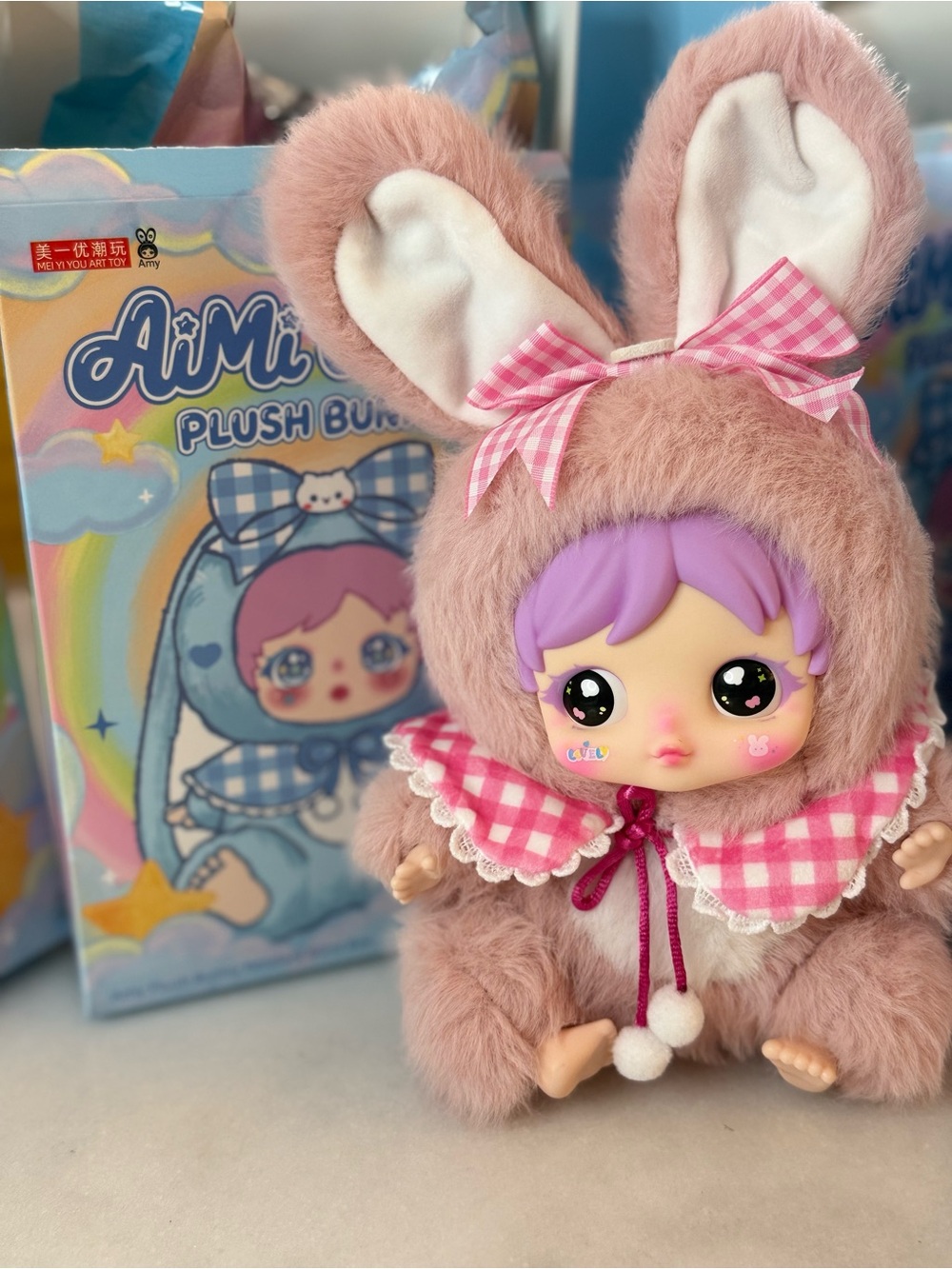 Aimi Amy strawberry Plush Bunny Doll - Pink Hooded Bunny with Purple Hair